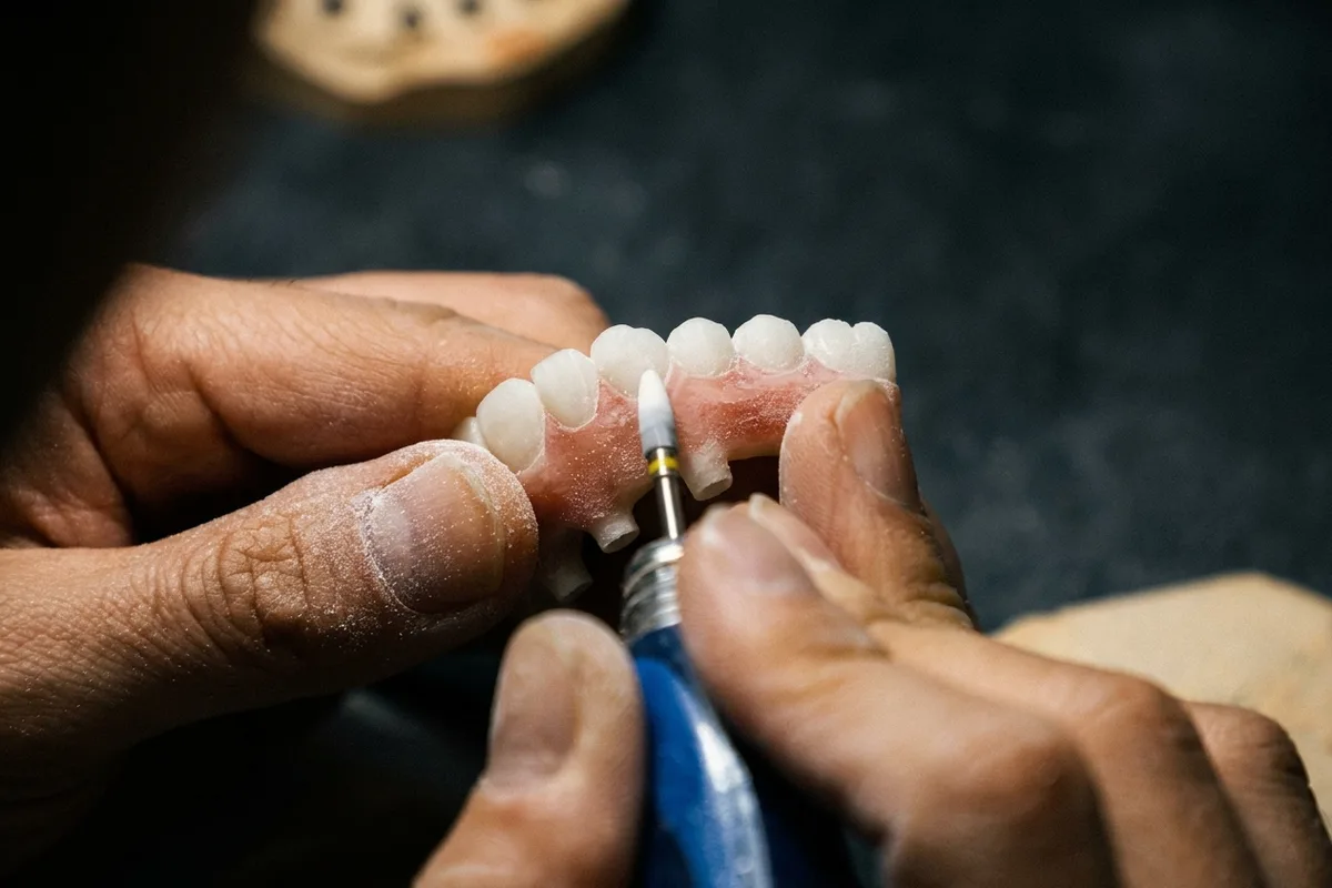 A dental ceramist&rsquo;s hands shaping a porcelain bridge in the Enhanced Dental Studios lab.