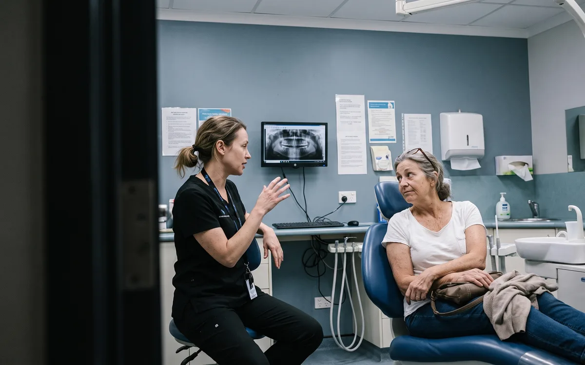 A dentist at Enhanced Dental Studios talking a seated patient through the RAY 5D scan of her jaw on screen.